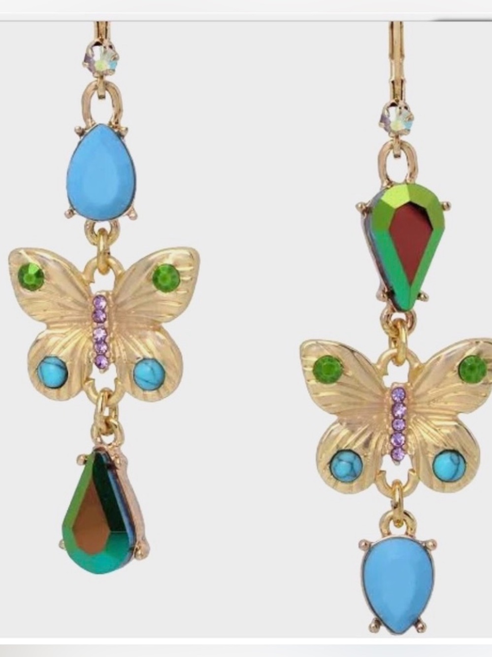 New Betsey Johnson Gold Butterfly Drop Earrings with Blue and Green Gems